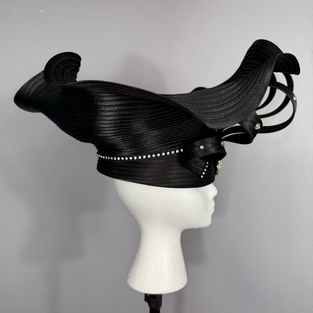 BEN MARC INTERNATIONAL BLACK CHURCH LADY HAT. JEWELED WITH ORNATE FRONT. - Picture 6 of 8